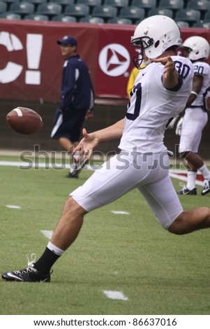 PHILADELPHIA, PA. - SEPTEMBER 17: Penn State punter Anthony Fera warms up before a game against Temple on September 17, 2011 at Lincoln Financial Field in Philadelphia, PA.