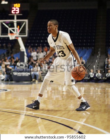UNIVERSITY PARK, PA - FEB 16: Penn State\'s Tim Frazier dribbles near the top of the key during a game against Iowa at the Byrce Jordan Center on February 16, 2012 in University Park, PA