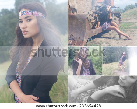 beautiful young woman posing outdoors during a fashion shooting. Special patches of light
