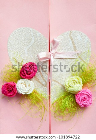 Wedding or valentine paper card gift with love heart, flowers roses and a bow. Handmade.