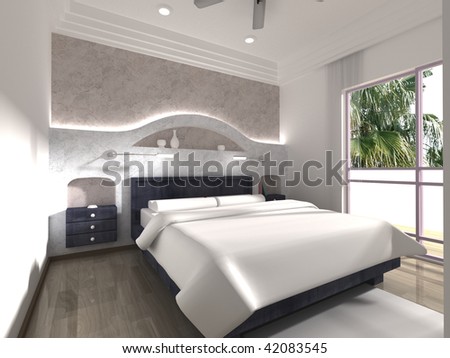 Bedroom Modern Interior Design. Bed, Fan, Window, Balco