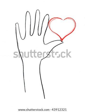 stock photo Red Love heart in hand contour drawing