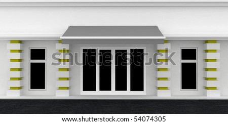 Shopfront wall. White Gray building exterior shopwindow with awning and windows empty for your product presentation, paste your shop, boutique, commercial. Place for your text above awning.