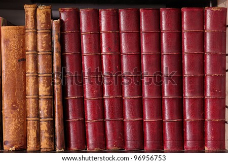 Row of old leather hardbound books on a shelf