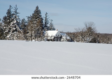 A log cabin in a field of snow, with pine trees.
