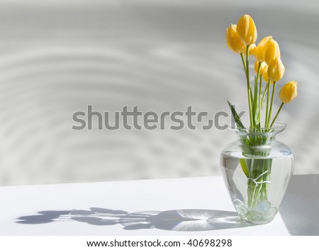 A clear glass vase containing cut yellow tulips and clear glass baubles against a background of gray with water reflections and shadows - created as an art piece.