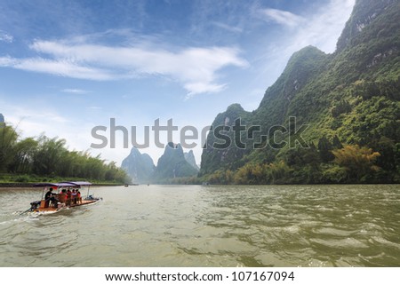bamboo raft in beautiful lijiang river,guilin karst mountain landscape,China