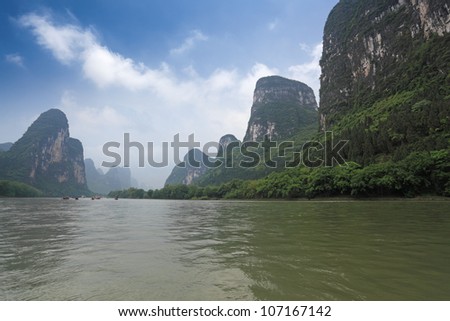 beautiful scenery of lijiang river, karst mountain landscape in guilin,China