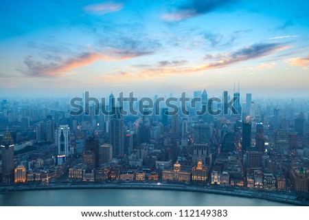 bird\'s eye view of shanghai bund at sunset
