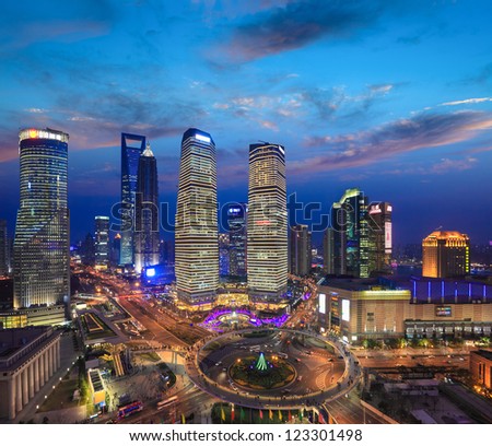 bird\'s eye view of shanghai skyline at sunset,the most prosperous areas in China