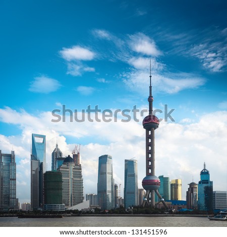 shanghai skyline against a blue sky,China.
