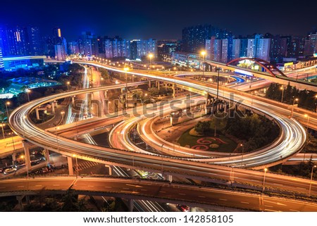 City Interchange Overpass At Night In Shanghai