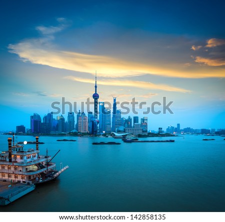Shanghai Skyline And Huangpu River Scenery In Sunset