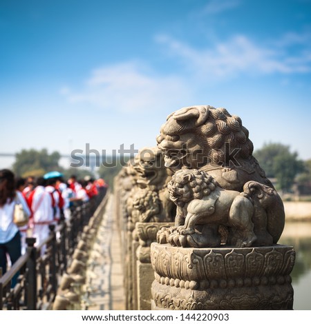 ancient stone lion on the marco polo bridge in beijing,China
