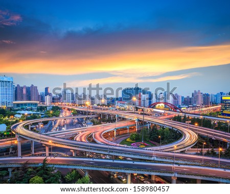 beautiful overpass with sunset glow in shanghai