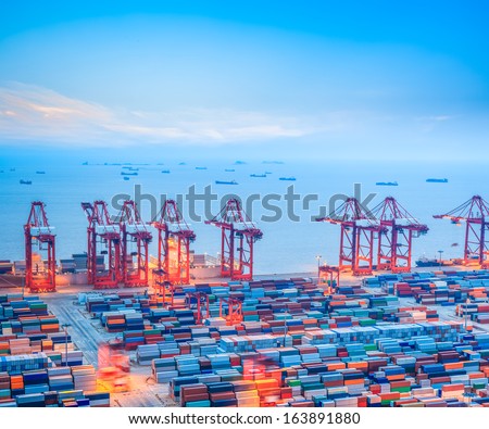 shanghai container terminal at dusk ,yangshan deep-water port , China