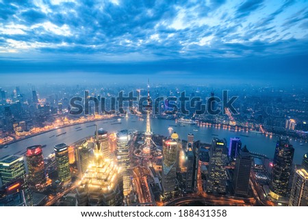 nightfall view of shanghai, a bird\'s eye view of a magical modern city