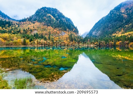 autumn fairy tale landscapes in jiuzhaigou valley national park, China.