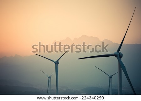 wind power generation turbine closeup at dusk ,new energy in jiangxi lushan