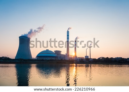 coal power station in sunset , industrial landscape