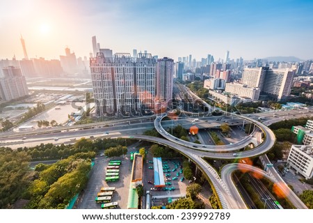 modern city interchange junction at dusk in guangzhou ,panoramic view