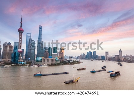 shanghai skyline with brilliant sunset ,busy the huangpu river at dusk, China