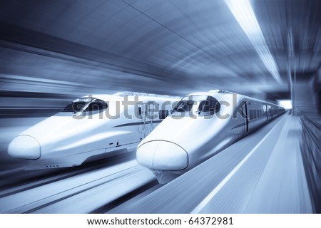 two modern high speed train with motion blur
