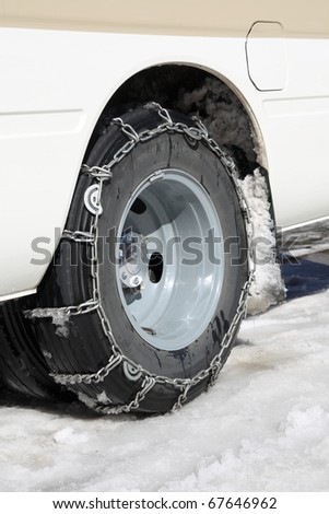 close up of the snow chains on the tire
