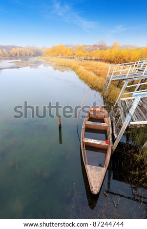 lakefront landscape in autumn,a boat in the lake