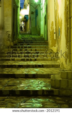 Wet Stairs in Arabian Medina by night