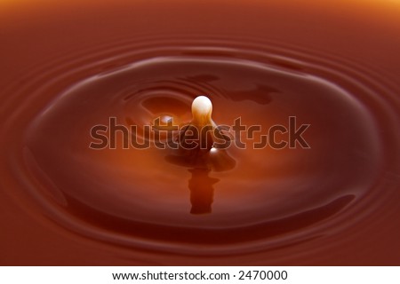 Extreme close up shot of a drop of milk landing in a cup of hot chocolate.