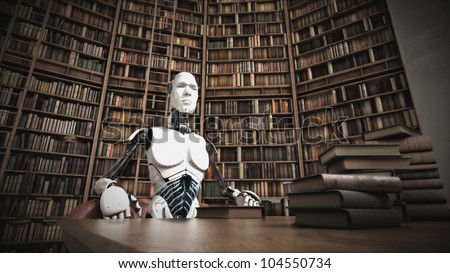 Different epoch. Futuristic cyborg sitting in classic library behind the table