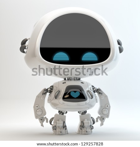 Glossy cute robotic cyber toy with screen indicator 3D render Little robot toy Glossy cute robotic cyber toy with screen indicator 3D render Little robot toy