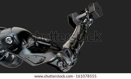 Futuristic cyber hand lifting fitness dumbbell / Strong muscular robotic arm