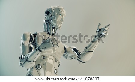 Stylish futuristic cyborg gestures with its strong muscular arms / Robot gestures