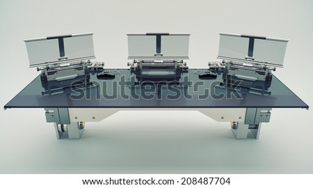 Modern computer table with 3 transparent monitors / Futuristic computer station