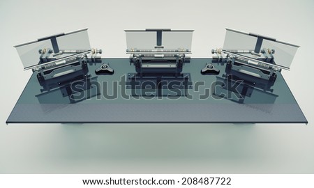 Modern computer table with 3 transparent monitors / Futuristic computer station