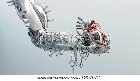 Stylish steel robot arm holds artificial futuristic heart / Metal artificial arm with heart