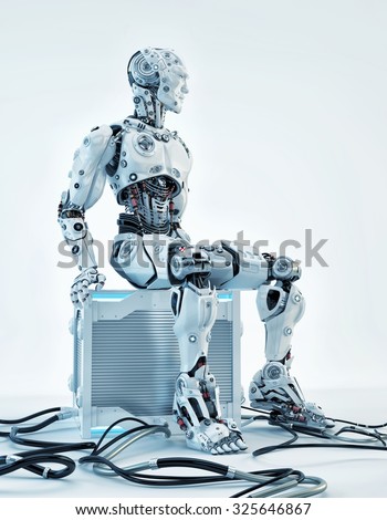 Robot resting on futuristic computer box after hard work as system administrator