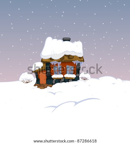 Cartoon house under the carpet of snow