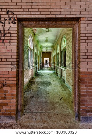 Hallway of an abandoned building from the Manteno State Mental Hospital in Manteno, Illinois