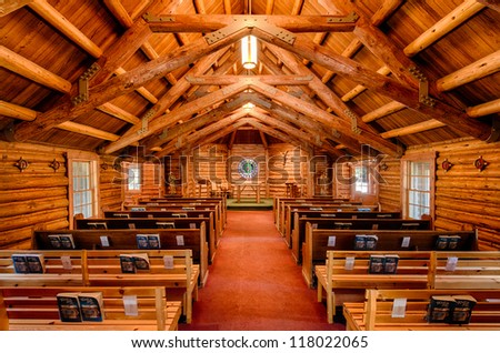 JACKSON, WYOMING - JULY 20: Interior of the Chapel of the Sacred Heart in Grand Teton National Park on July 20, 2012 in Jackson, Wyoming