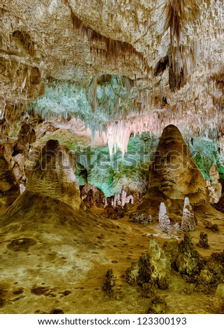 The Chandelier hangs in a bizarre underground landscape in the Big Room of Carlsbad Caverns National Park near Carlsbad, New Mexico