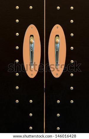 Closeup of black doors with brass handles