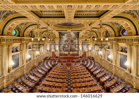 HARRISBURG, PENNSYLVANIA - JULY 5, 2013: An empty House of Representatives chamber in the Pennsylvania State Capitol building in Harrisburg, Pennsylvania on July 5, 2013 in Harrisburg, Pennsylvania