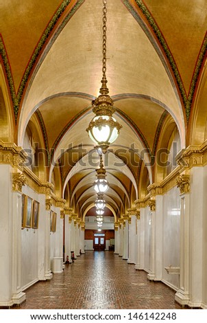 HARRISBURG, PENNSYLVANIA - JULY 5, 2013: Empty hallway in the Pennsylvania State Capitol building on July 5, 2013 in Harrisburg, Pennsylvania