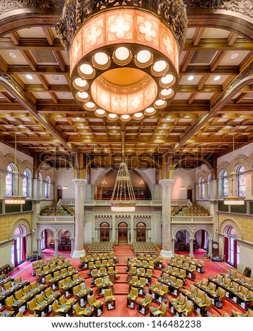 ALBANY, NEW YORK - JUNE 27: Assembly chamber (House of Representatives) in the New York State Capitol building on June 27, 2013 in Albany, New York
