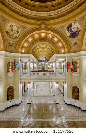 PIERRE, SOUTH DAKOTA - JULY 25: The grand staircase and rotunda of the South Dakota State Capitol on July 25, 2013 in Pierre, South Dakota