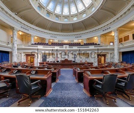 BOISE, IDAHO - JULY 31: An empty Idaho House of Representatives chamber at the Idaho Capitol building on July 31, 2013 in Boise, Idaho