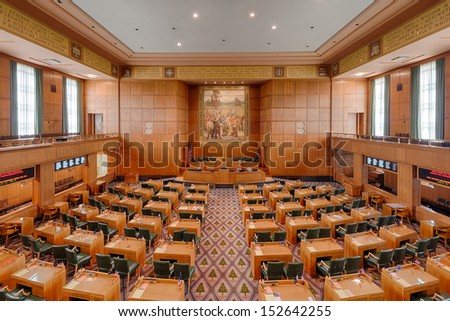 SALEM, OREGON - AUGUST 9: Empty House of Representatives chamber of the Oregon State Capitol building on August 9, 2013 in Salem, Oregon